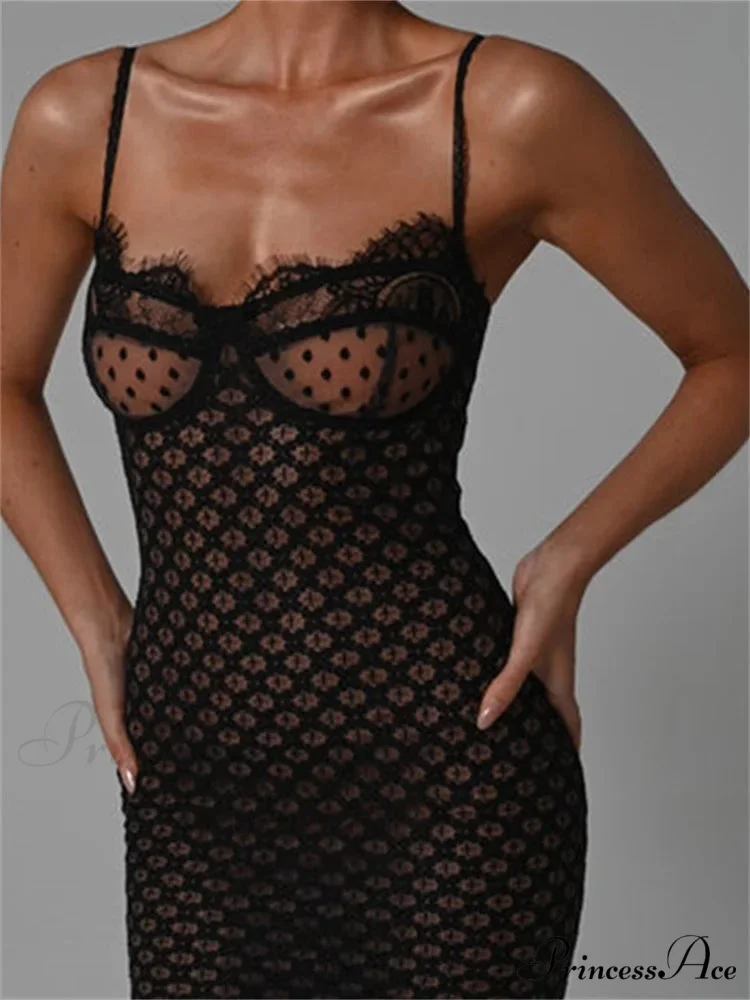 Lace Floral for Women Sexy Sleeveless Strap See Through Evening Cocktail Back Split Black Vestidos - Image 3