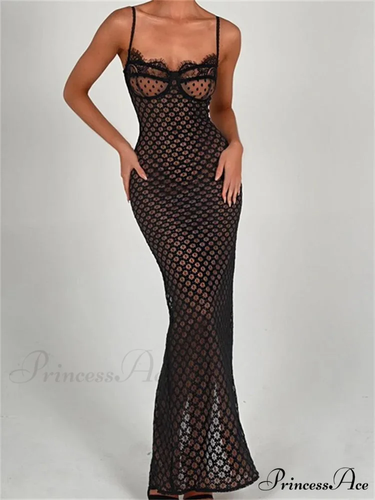Lace Floral for Women Sexy Sleeveless Strap See Through Evening Cocktail Back Split Black Vestidos - Image 4