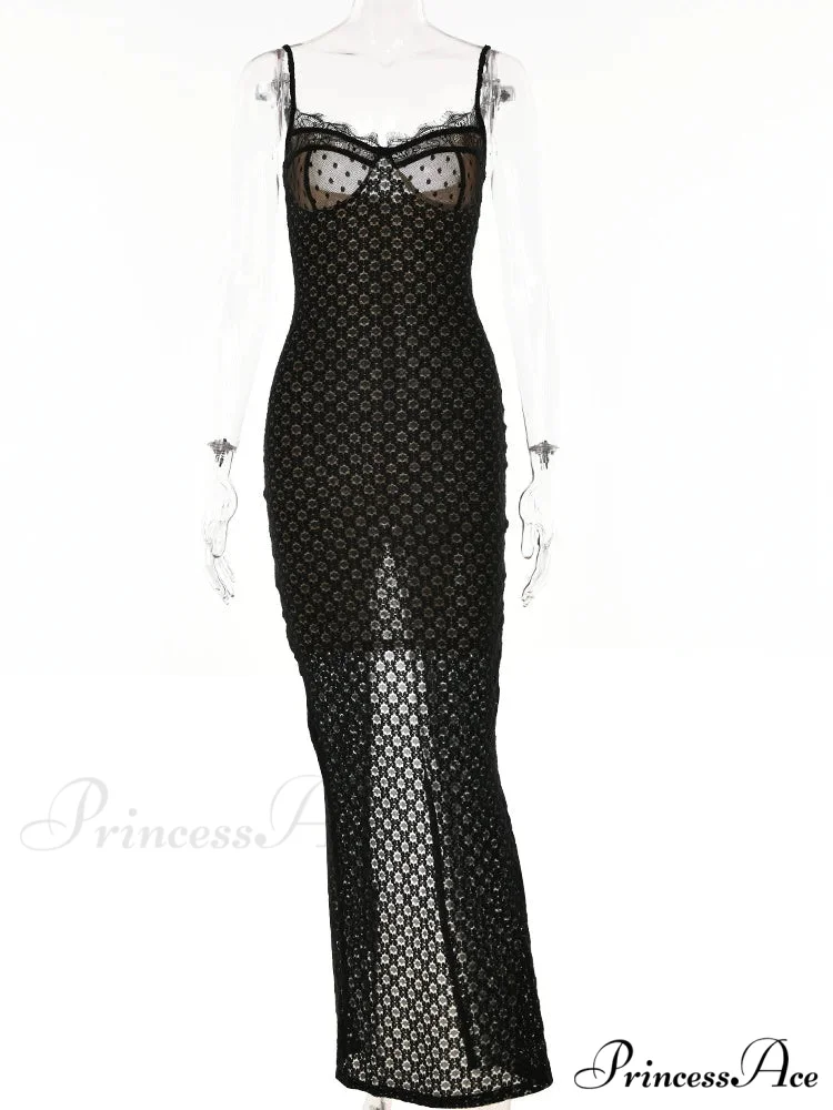 Lace Floral for Women Sexy Sleeveless Strap See Through Evening Cocktail Back Split Black Vestidos - Image 6