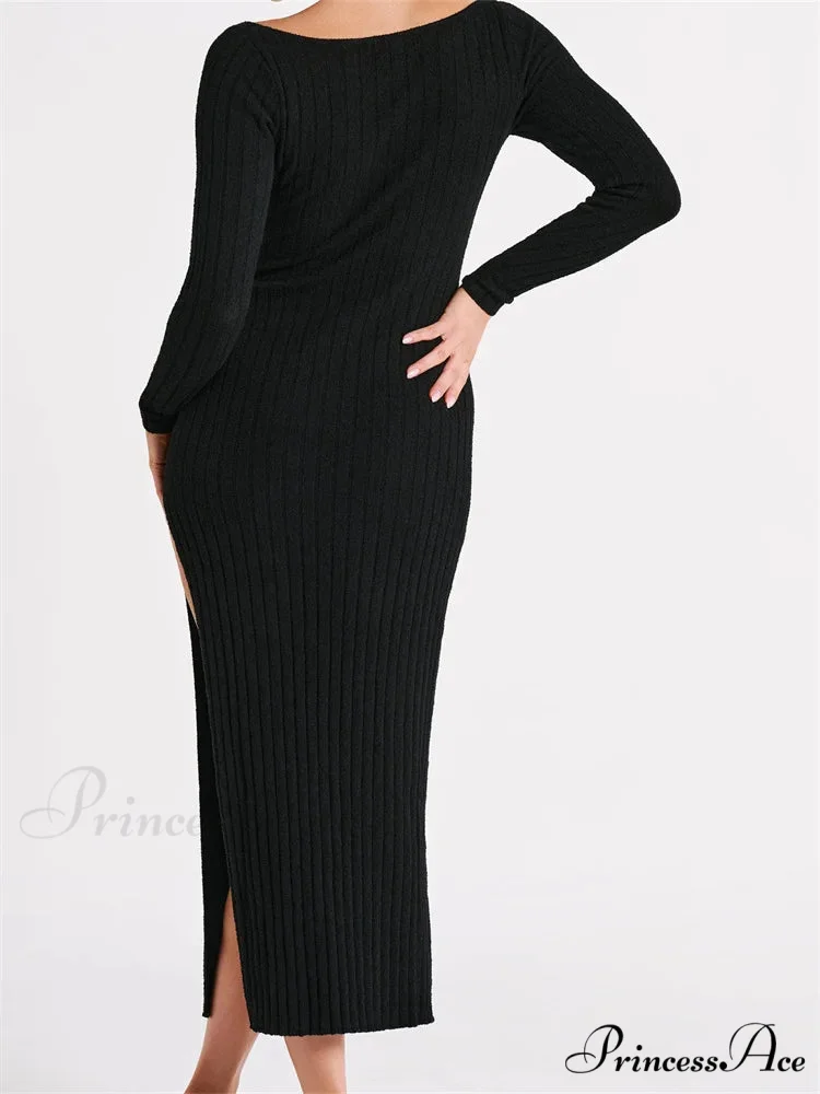 Women Knitted Bodycon Solid Color Ribbed Round Neck Sleeve Side Split Spring Fall Vestidos - Image 2
