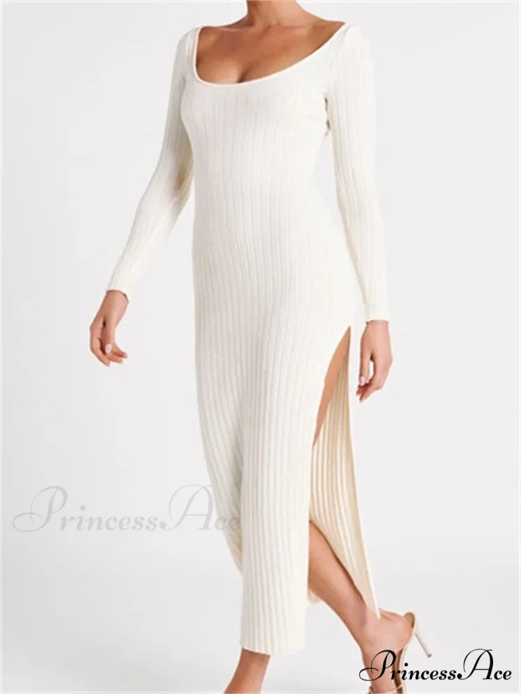 Women Knitted Bodycon Solid Color Ribbed Round Neck Sleeve Side Split Spring Fall Vestidos - Image 4