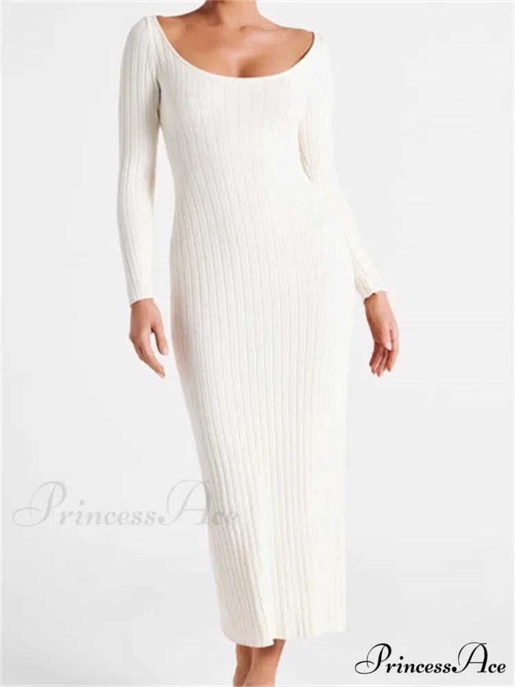 Women Knitted Bodycon Solid Color Ribbed Round Neck Sleeve Side Split Spring Fall Vestidos - Image 5