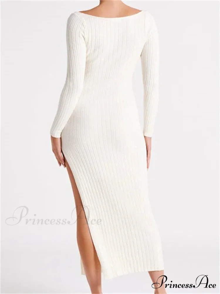 Women Knitted Bodycon Solid Color Ribbed Round Neck Sleeve Side Split Spring Fall Vestidos - Image 6