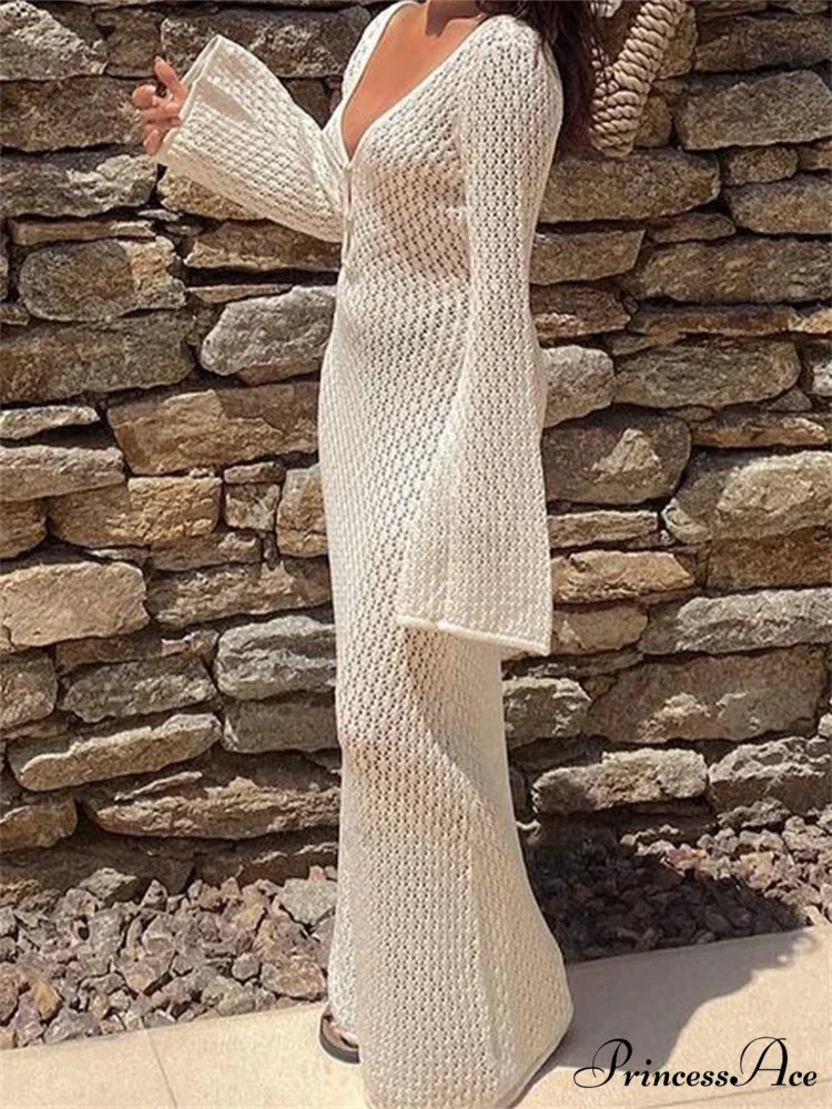 Women Knitted Solid Hollow Out Deep V-Neck Sleeve Bodycon Spring Autumn Backless Vestidos - Image 2