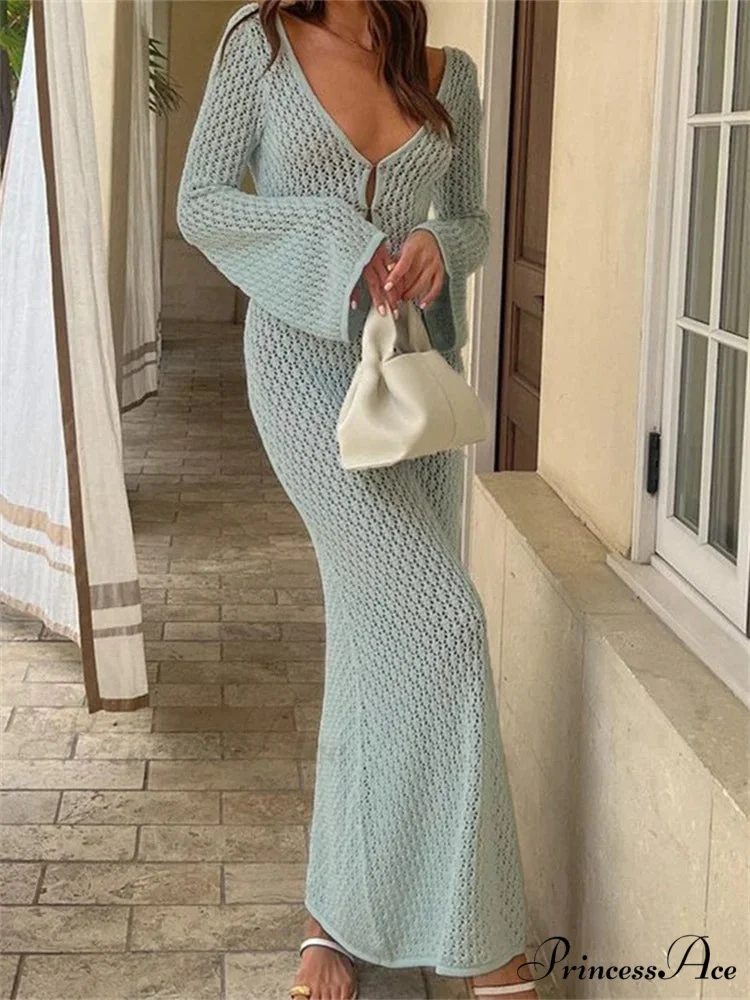 Women Knitted Solid Hollow Out Deep V-Neck Sleeve Bodycon Spring Autumn Backless Vestidos - Image 5