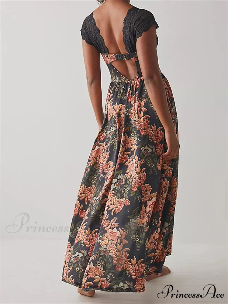 Vintage Women Lace Short Sleeve Casual Floral Print Backless Beach Party Split Summer Vestidos - Image 2