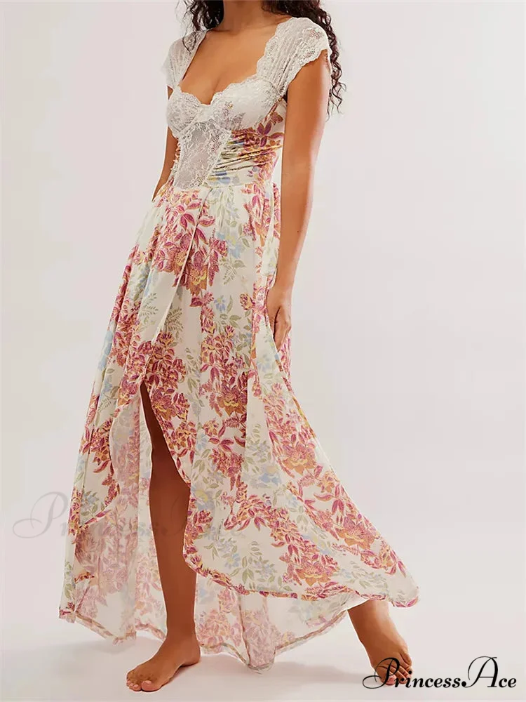 Vintage Women Lace Short Sleeve Casual Floral Print Backless Beach Party Split Summer Vestidos - Image 3