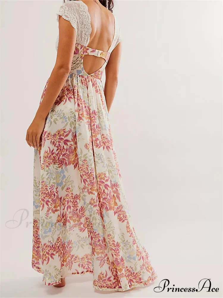Vintage Women Lace Short Sleeve Casual Floral Print Backless Beach Party Split Summer Vestidos - Image 4