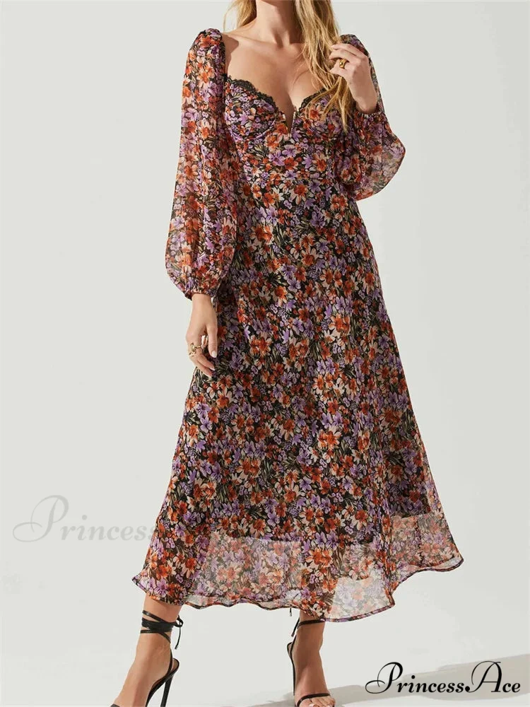 Women Spring Fall Vintage Floral Print V-neck Puff Sleeve Fashion Backless Holiday Vestido - Image 2