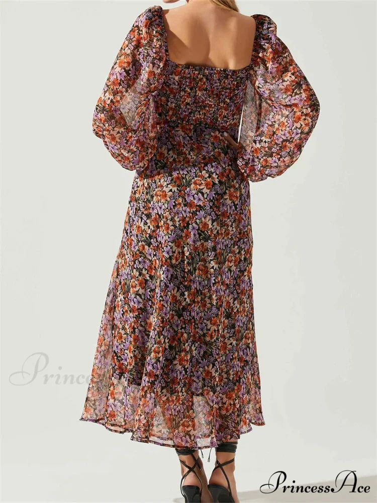 Women Spring Fall Vintage Floral Print V-neck Puff Sleeve Fashion Backless Holiday Vestido - Image 3