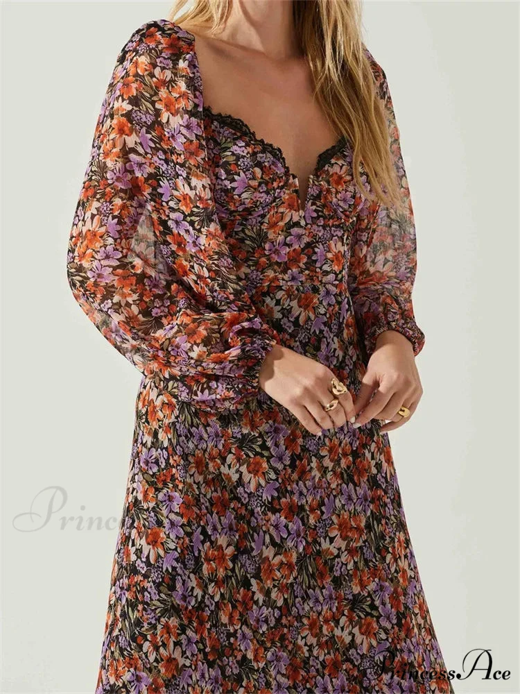 Women Spring Fall Vintage Floral Print V-neck Puff Sleeve Fashion Backless Holiday Vestido - Image 4