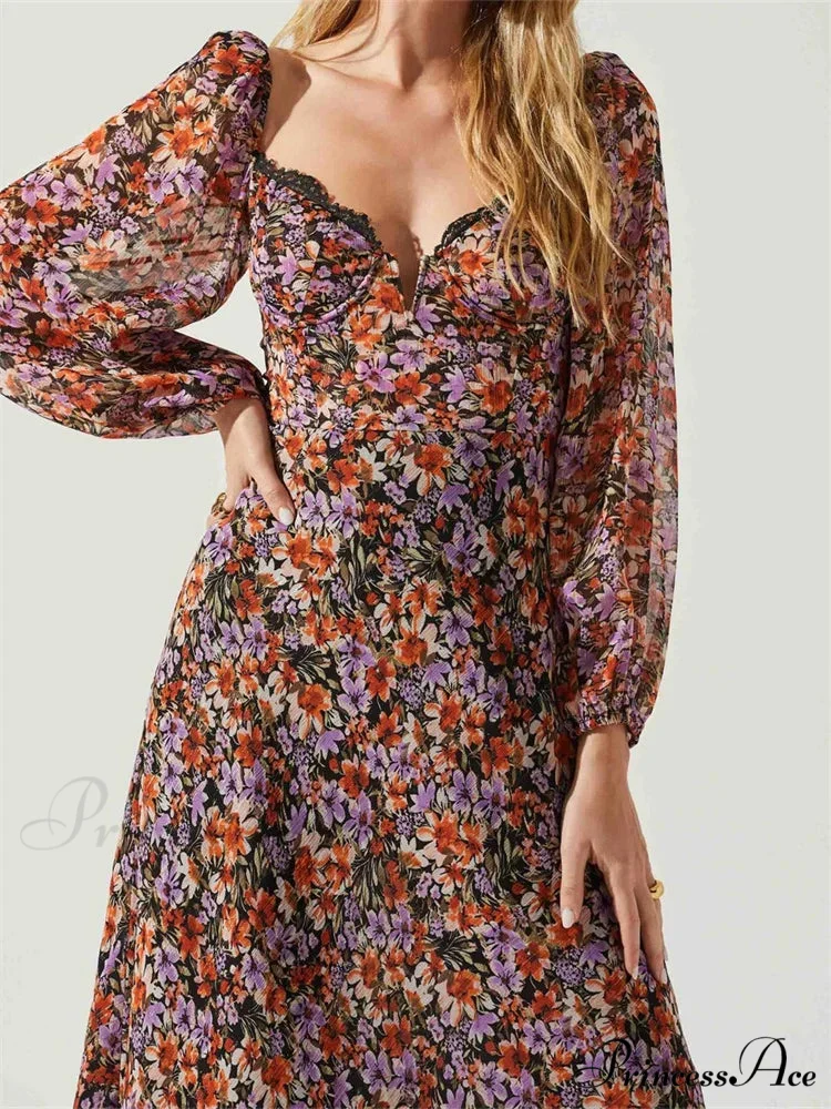 Women Spring Fall Vintage Floral Print V-neck Puff Sleeve Fashion Backless Holiday Vestido - Image 5
