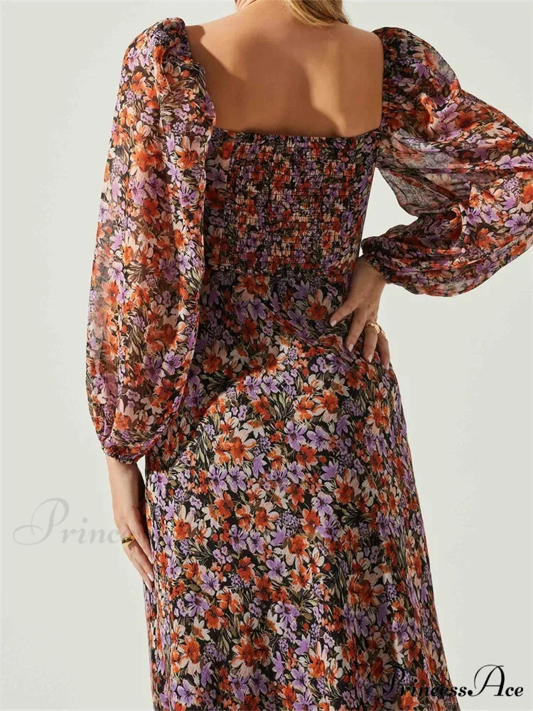 Women Spring Fall Vintage Floral Print V-neck Puff Sleeve Fashion Backless Holiday Vestido - Image 6