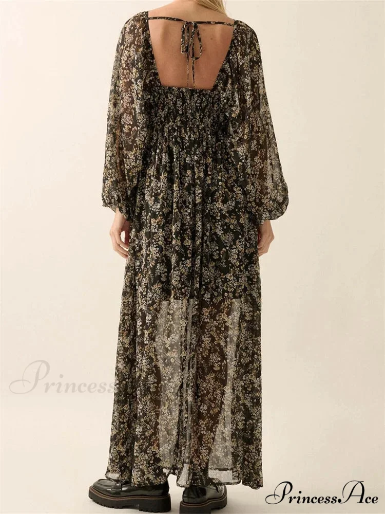 Vintage Women Bohemian Floral Print Summer Sleeve V Neck High Waist Chiffon Flowy Vestidos - Image 2