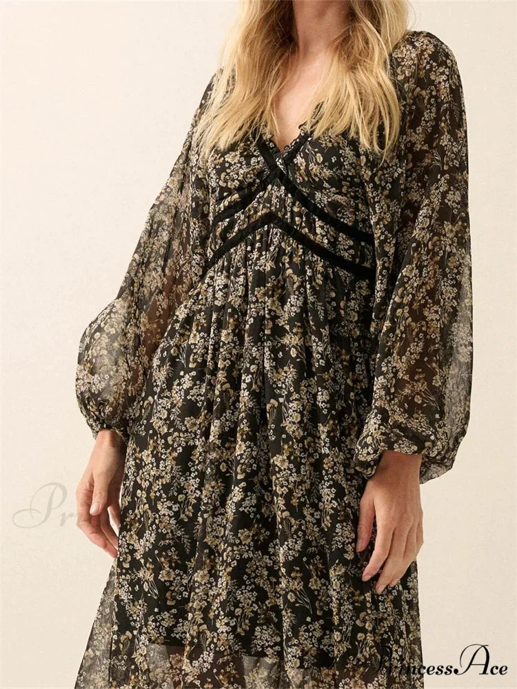 Vintage Women Bohemian Floral Print Summer Sleeve V Neck High Waist Chiffon Flowy Vestidos - Image 3