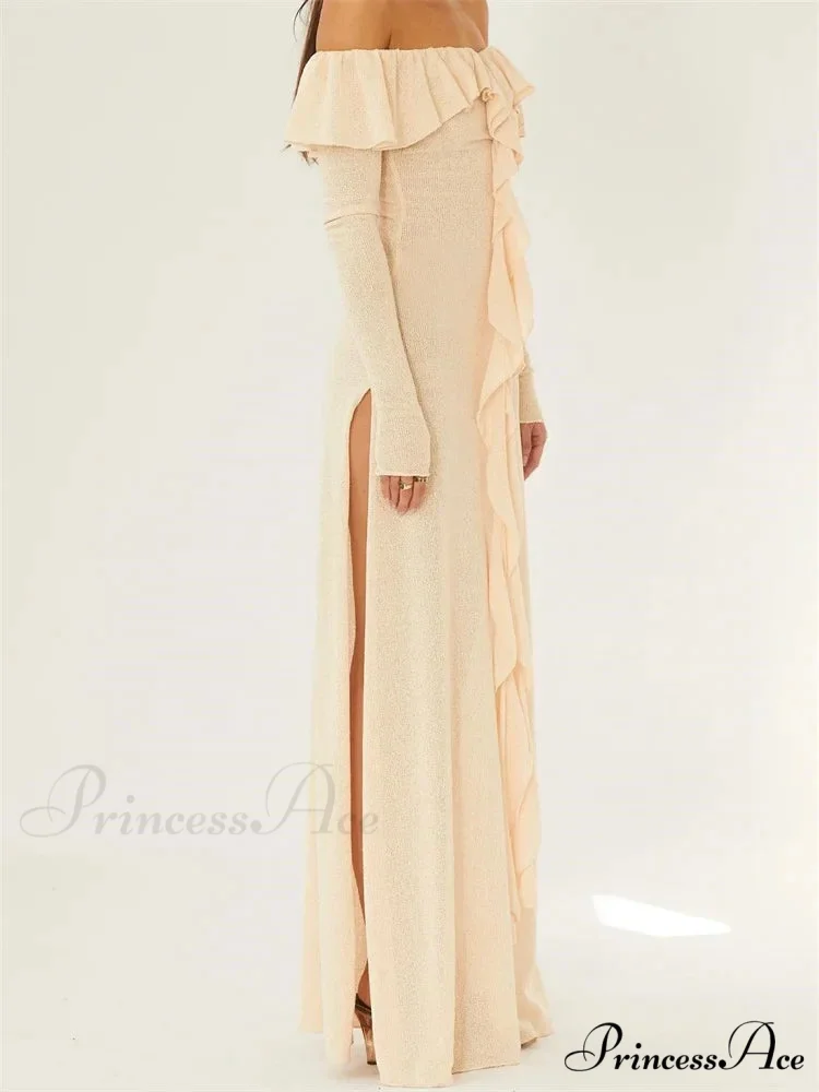 Elegant Women Knitted Evening Solid Sleeve Slash Neck Off Shoulder Ruffles Party Female Vestido - Image 2