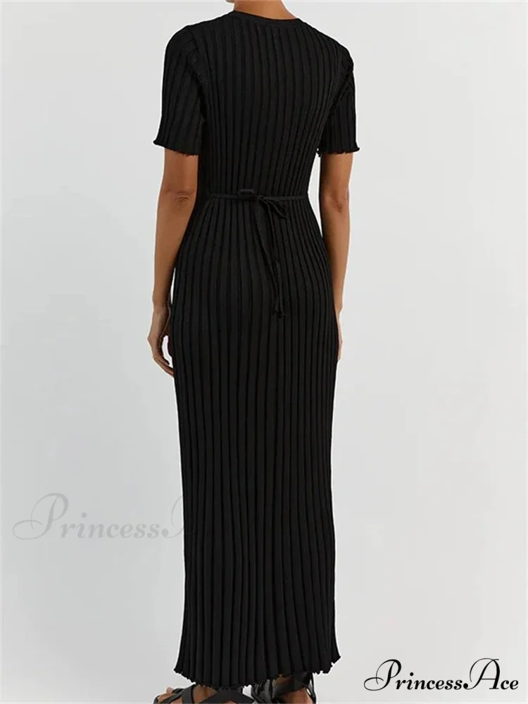 Fashion Women Solid Color Round Neck Short Sleeve Summer Tie-Up Party Ribbed Knitted Female Vestidos - Image 2