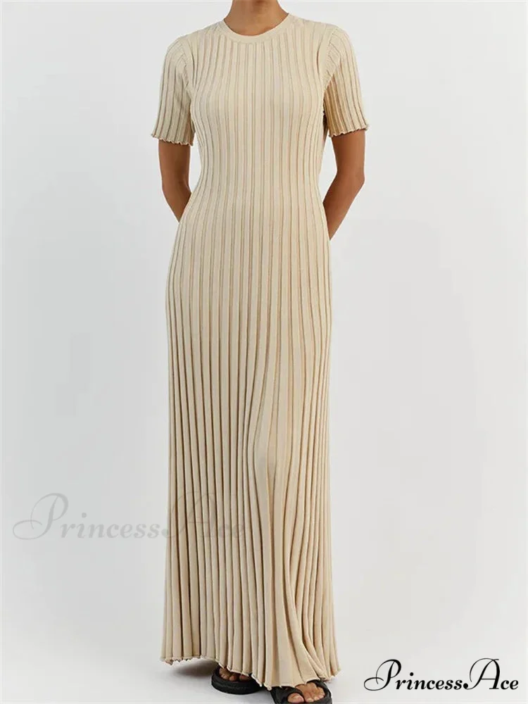 Fashion Women Solid Color Round Neck Short Sleeve Summer Tie-Up Party Ribbed Knitted Female Vestidos - Image 3