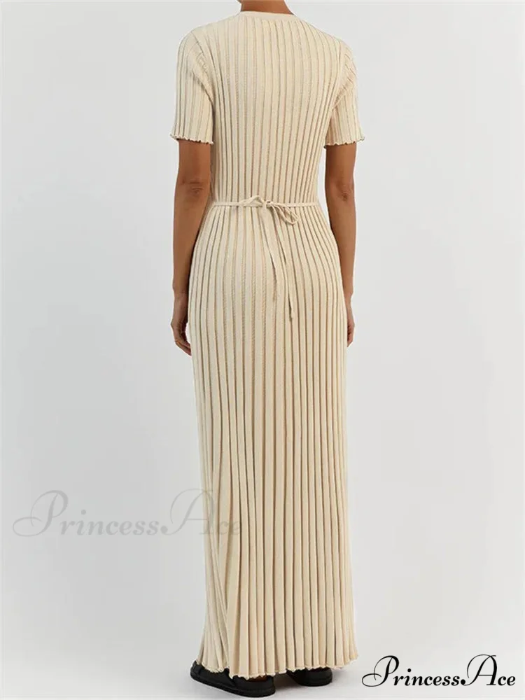 Fashion Women Solid Color Round Neck Short Sleeve Summer Tie-Up Party Ribbed Knitted Female Vestidos - Image 4