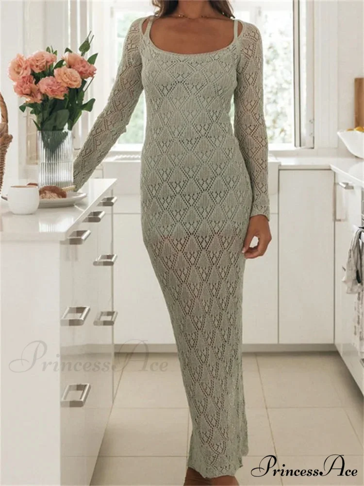 Women Bodycon Lace See Through Hollow Out O-neck Sleeve Back Split Party Female Vestidos - Image 3