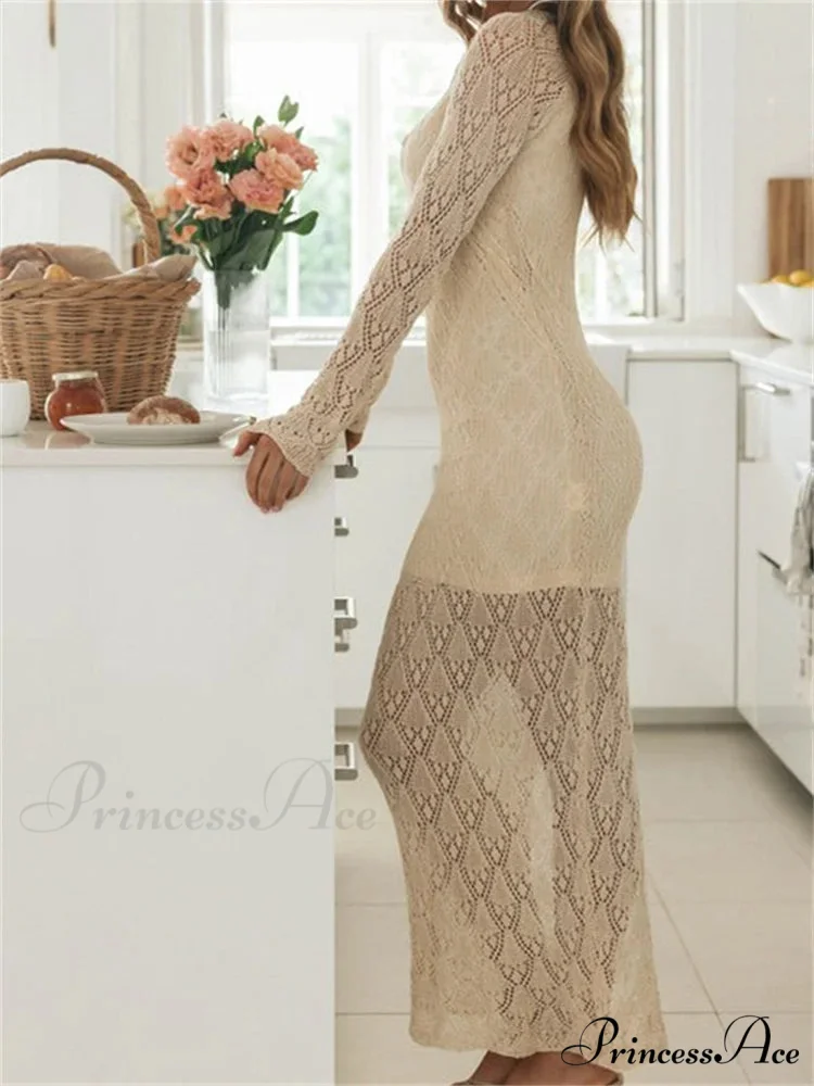 Women Bodycon Lace See Through Hollow Out O-neck Sleeve Back Split Party Female Vestidos - Image 6