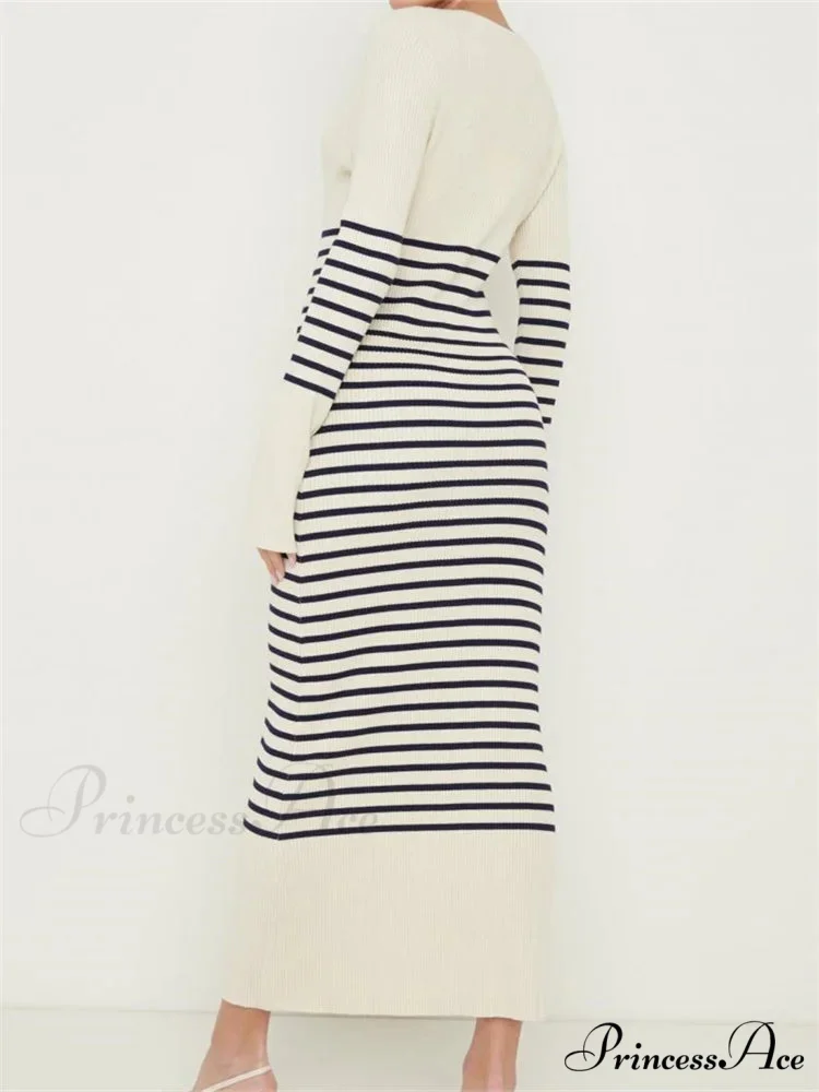 Women Knitted Sleeve Deep V Neck Striped Slim Fit Spring Autumn Female Vestidos Streetwear - Image 2