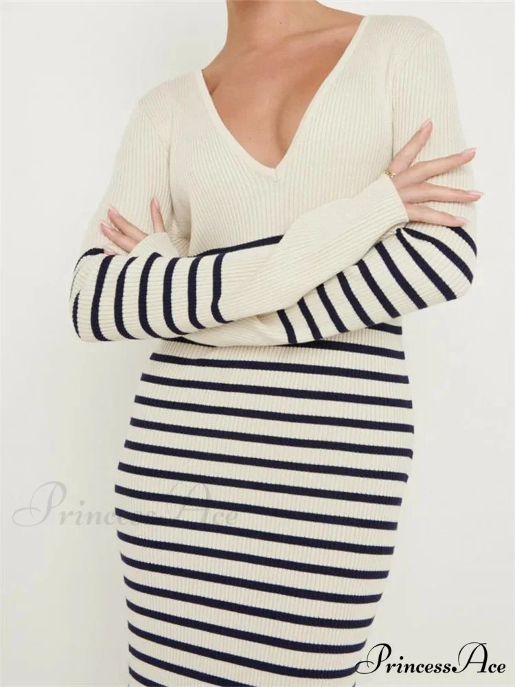 Women Knitted Sleeve Deep V Neck Striped Slim Fit Spring Autumn Female Vestidos Streetwear - Image 3