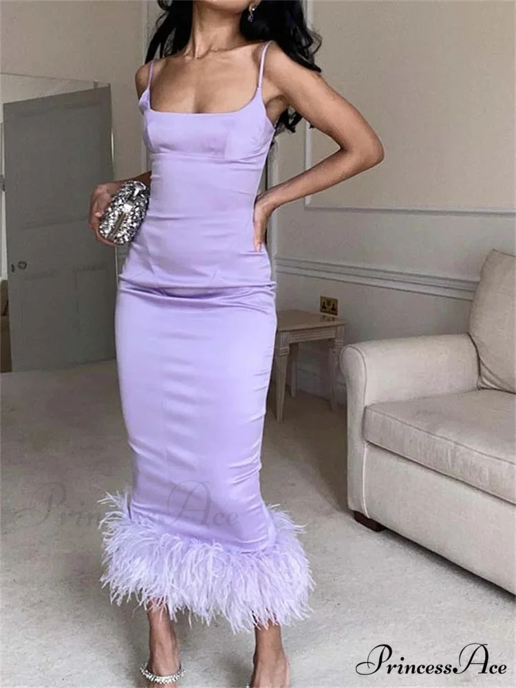 Elegant Sleeveless Strap Summer Party Clubwear Sexy Women Aquare Neck Feather Patchwork Slim Vestido - Image 2