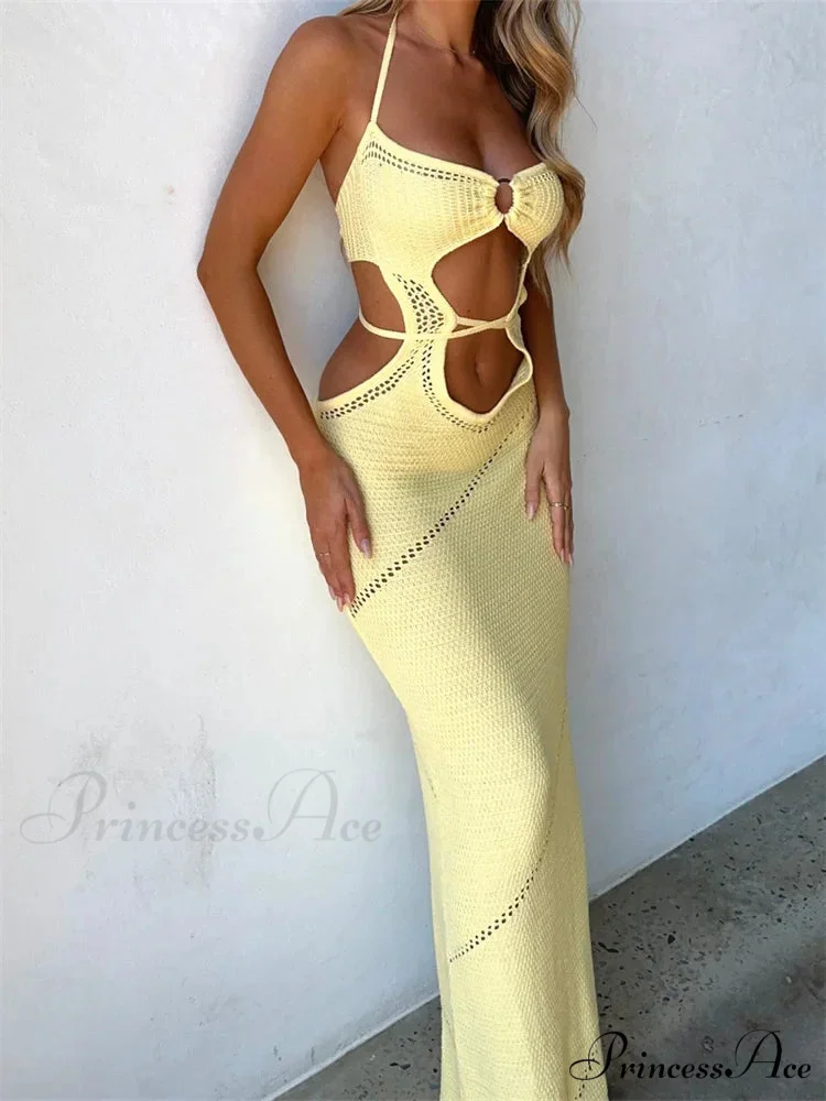 Women Sleeveless Halter Knitted Solid Color Front Cutout Backless Tie-Up Slim Beach Summer Vestidos - Image 2