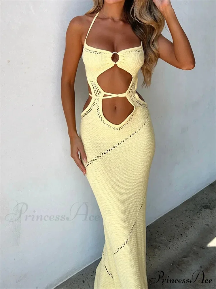 Women Sleeveless Halter Knitted Solid Color Front Cutout Backless Tie-Up Slim Beach Summer Vestidos - Image 4