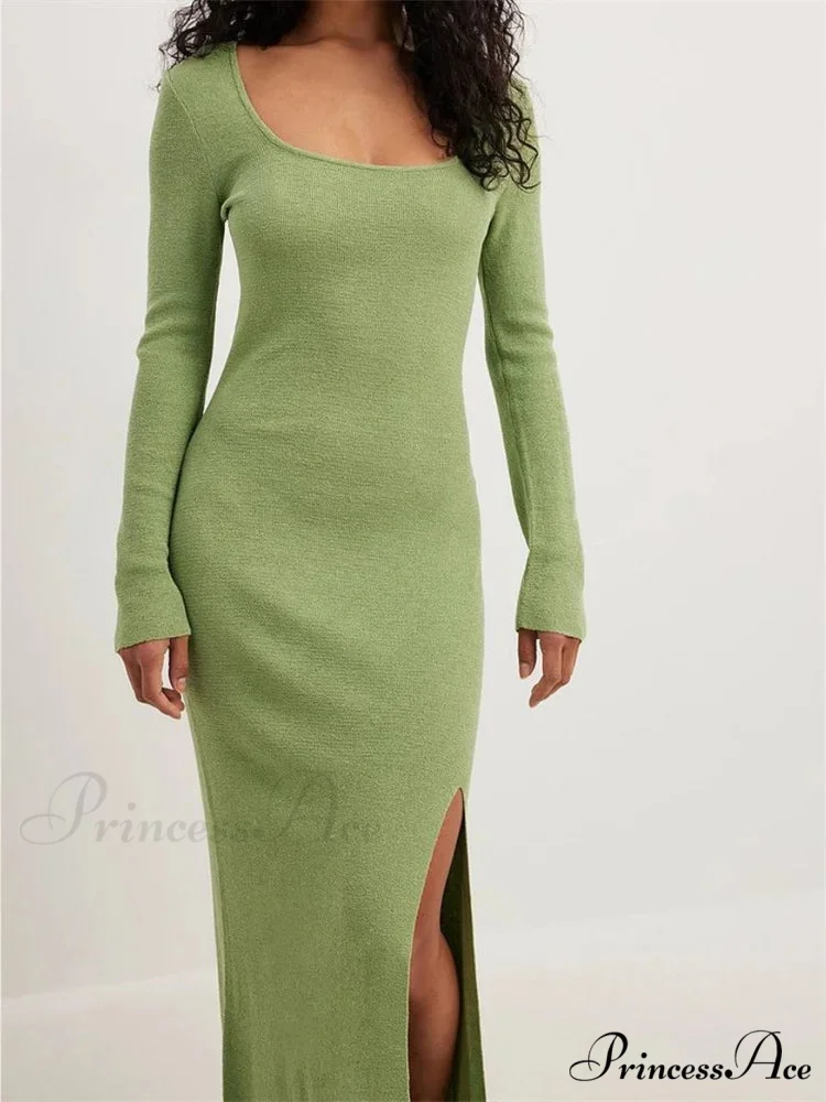 Women Spring Fall Knitted Elegant Sleeve Round Neck Solid High Split Female Vestidos Streetwear - Image 3