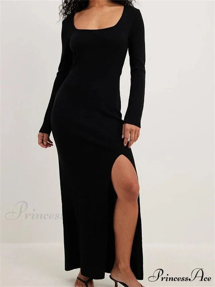 Women Spring Fall Knitted Elegant Sleeve Round Neck Solid High Split Female Vestidos Streetwear - Image 4