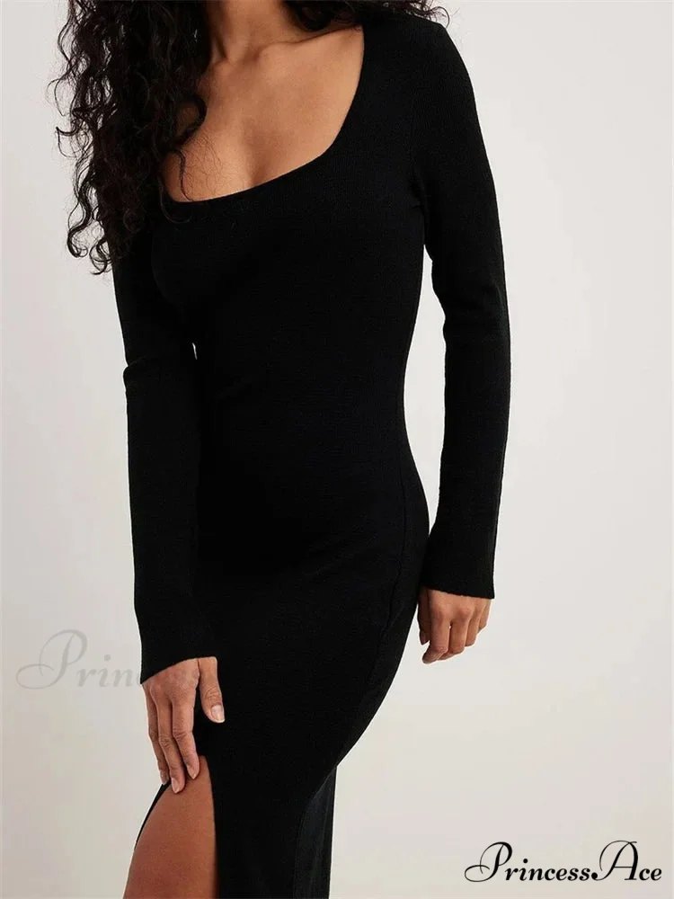 Women Spring Fall Knitted Elegant Sleeve Round Neck Solid High Split Female Vestidos Streetwear - Image 5