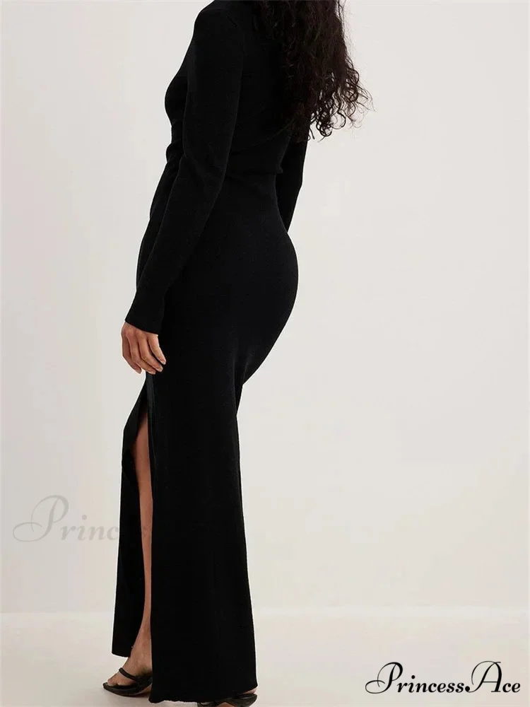 Women Spring Fall Knitted Elegant Sleeve Round Neck Solid High Split Female Vestidos Streetwear - Image 6