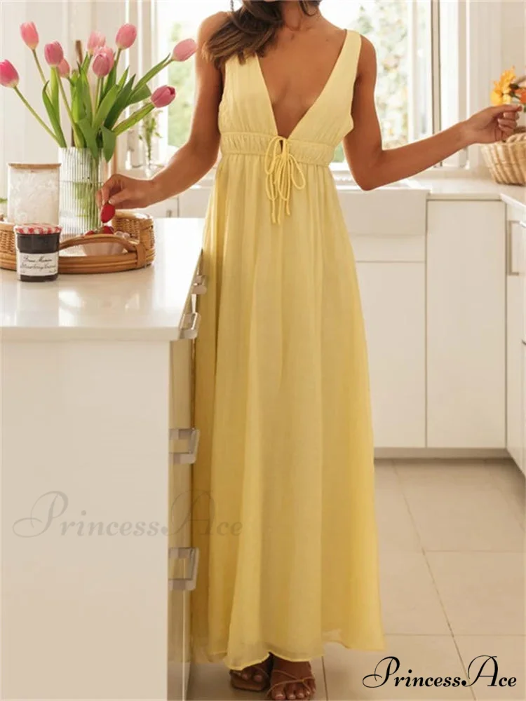 Retro Women Evening Party Solid Color Sleeveless Deep V-Neck Front Tie-up Formal Female Vestido - Image 3