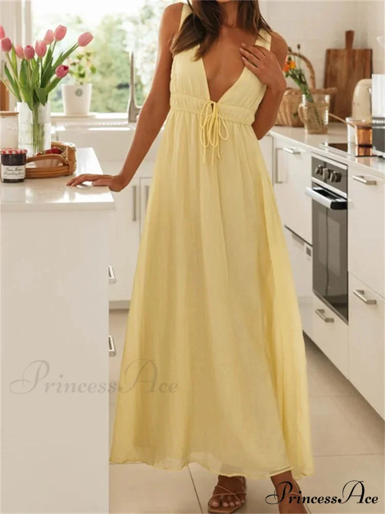 Retro Women Evening Party Solid Color Sleeveless Deep V-Neck Front Tie-up Formal Female Vestido - Image 4