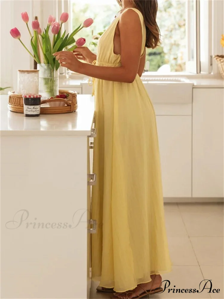 Retro Women Evening Party Solid Color Sleeveless Deep V-Neck Front Tie-up Formal Female Vestido - Image 5