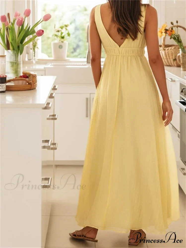 Retro Women Evening Party Solid Color Sleeveless Deep V-Neck Front Tie-up Formal Female Vestido - Image 6
