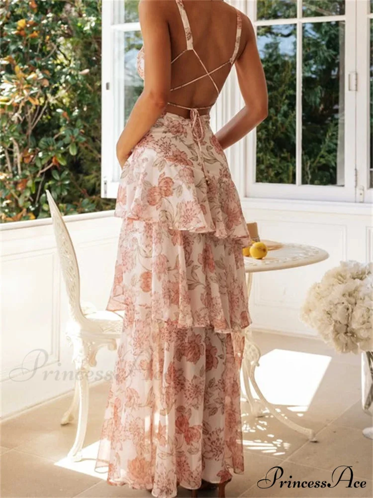 Women Floral Print Sleeveless Deep V Neck Tiered Ruffles Hem Spring Summer Backless Beach Vestidos - Image 2