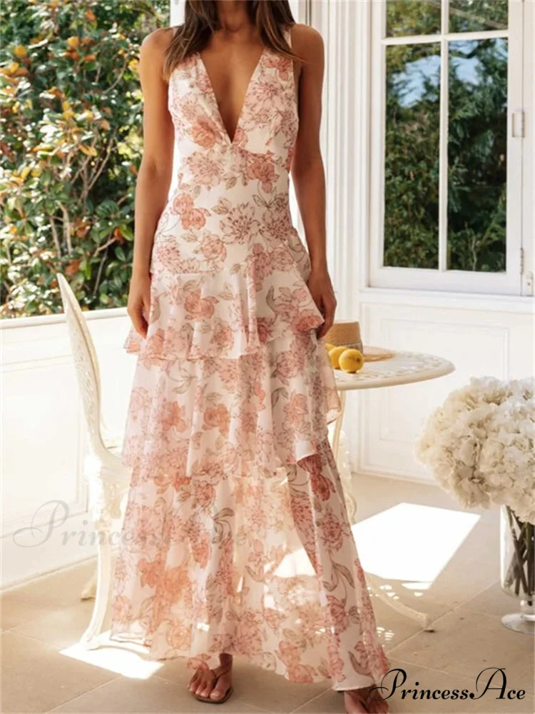 Women Floral Print Sleeveless Deep V Neck Tiered Ruffles Hem Spring Summer Backless Beach Vestidos - Image 4
