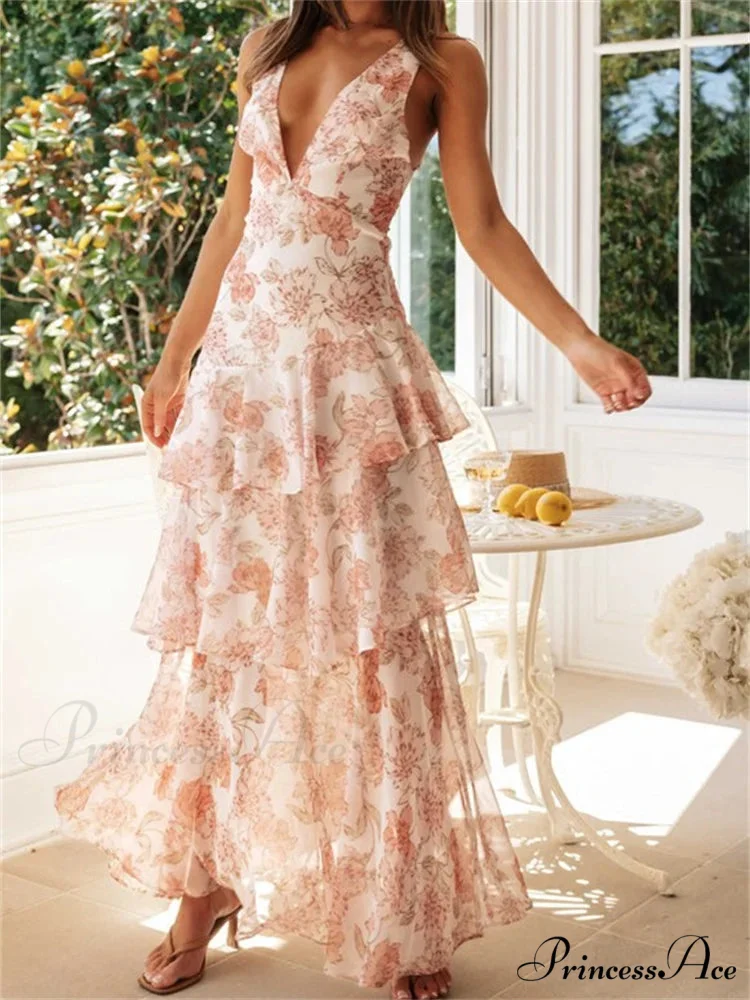 Women Floral Print Sleeveless Deep V Neck Tiered Ruffles Hem Spring Summer Backless Beach Vestidos - Image 6