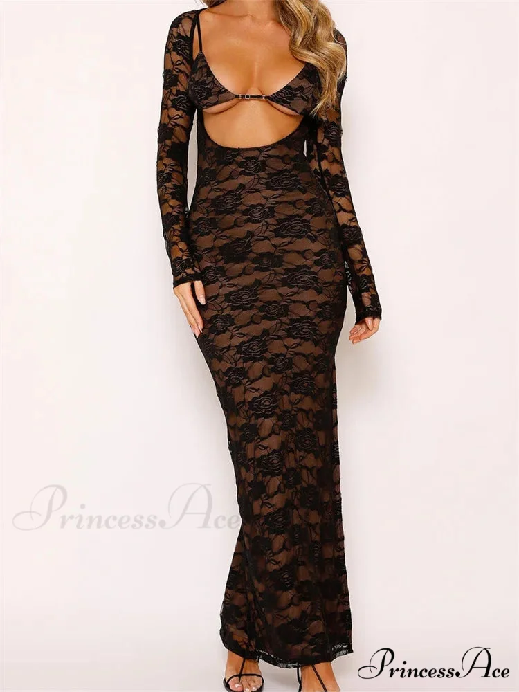 Sexy Women Lace Sleeve Low Cut Deep V-neck Party Club with Bra Summer High Split Vestidos - Image 2
