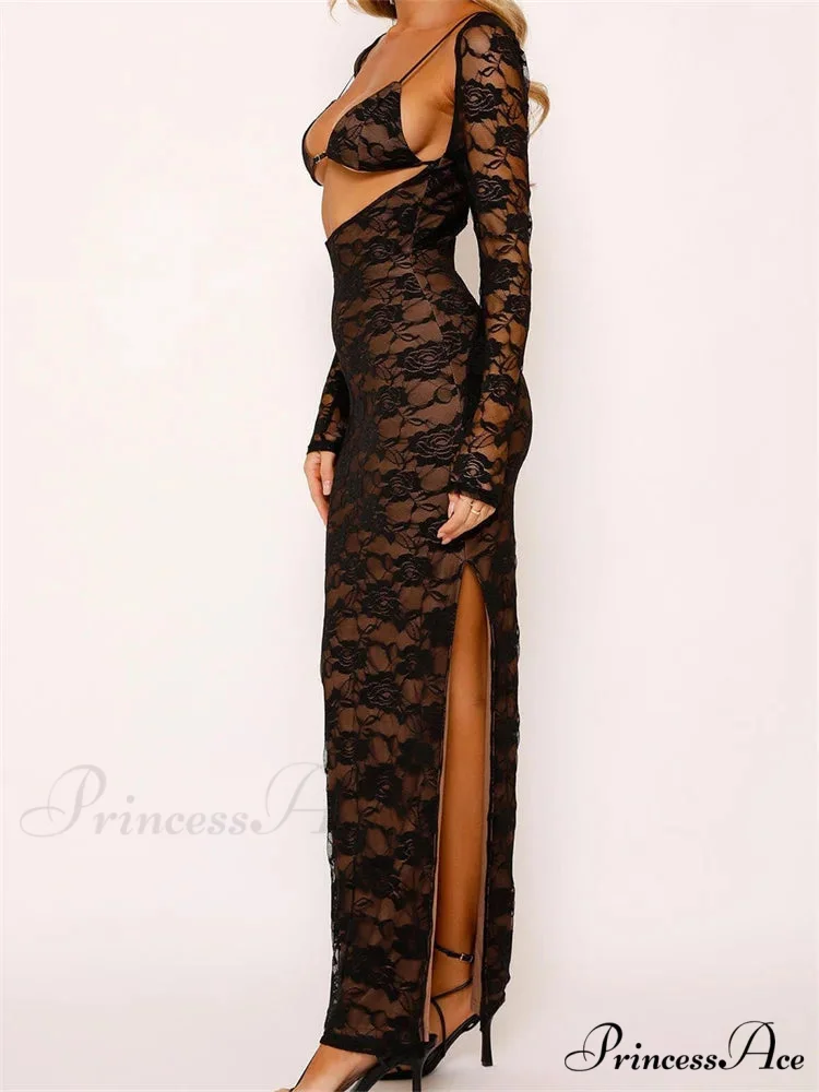 Sexy Women Lace Sleeve Low Cut Deep V-neck Party Club with Bra Summer High Split Vestidos - Image 4