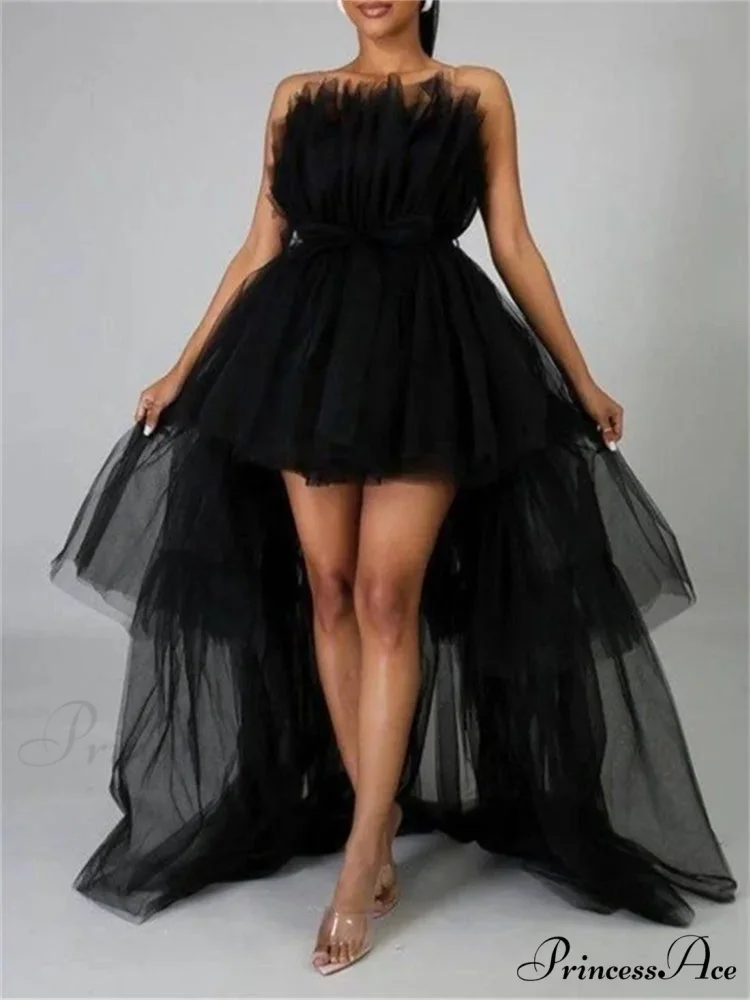 Mesh Sheer Elegant Women Formal Ball Gown Strapless Off Shoulder High Waist Asymmetrical Hem Tulle - Image 3