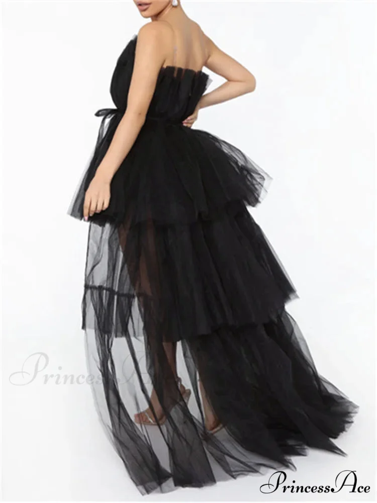 Mesh Sheer Elegant Women Formal Ball Gown Strapless Off Shoulder High Waist Asymmetrical Hem Tulle - Image 4