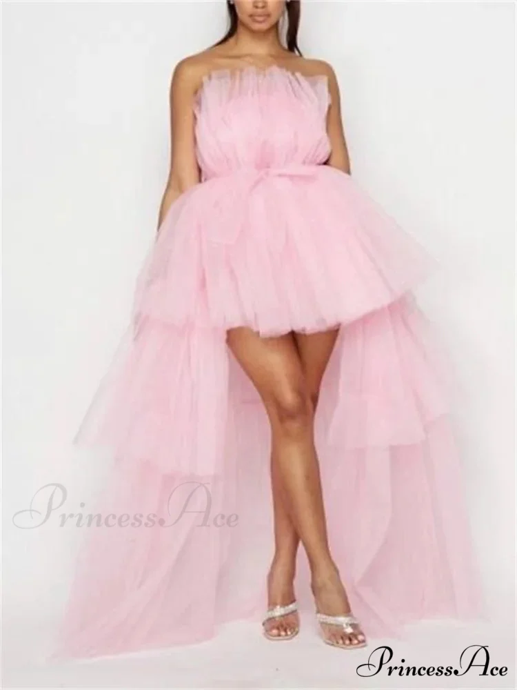 Mesh Sheer Elegant Women Formal Ball Gown Strapless Off Shoulder High Waist Asymmetrical Hem Tulle - Image 5