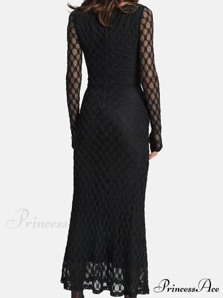 Elegant Women Spring Autumn Party See Through Sleeve Square Neck Lace Floral Slim Fit Vestidos - Image 2