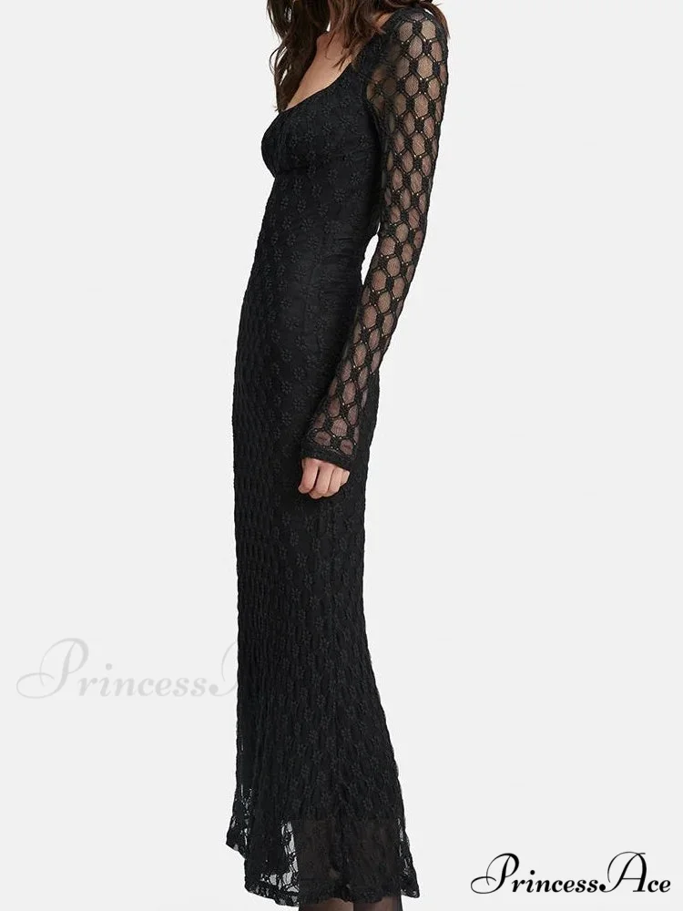 Elegant Women Spring Autumn Party See Through Sleeve Square Neck Lace Floral Slim Fit Vestidos - Image 3