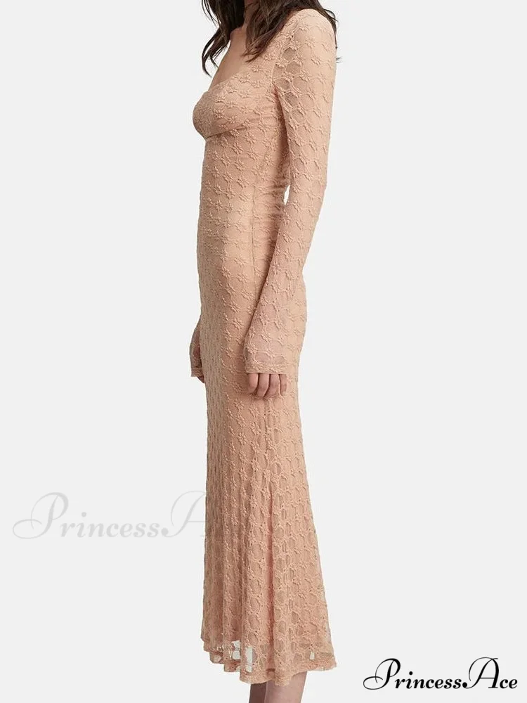 Elegant Women Spring Autumn Party See Through Sleeve Square Neck Lace Floral Slim Fit Vestidos - Image 4