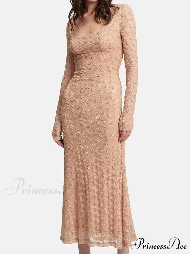 Elegant Women Spring Autumn Party See Through Sleeve Square Neck Lace Floral Slim Fit Vestidos - Image 5